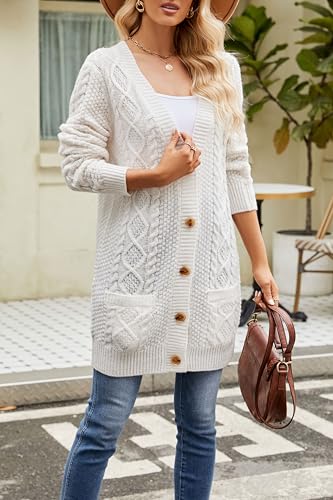 Image of Velius Women V Neck Button Down Cable Knit Open Cardigan Sweater with Pockets