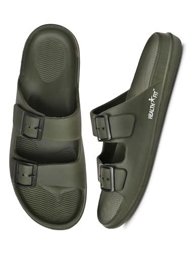 Image of HEALTH FIT Extra Soft Premium Classic Cushion Sliders /Slippers with Adjustable Buckle Strap & Light Weight Anti-SkidWaterproof Flip Flops for Men's HF150