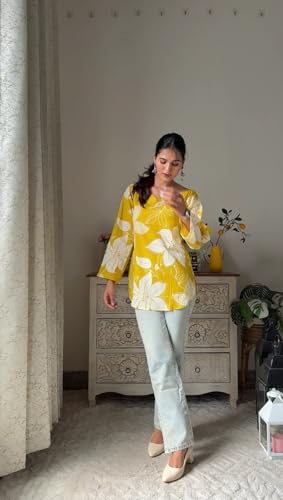 Image of Women's Short Kurti in Multicolor Rayon Cotton Blend | Ladies Ethnic Tunic | Office