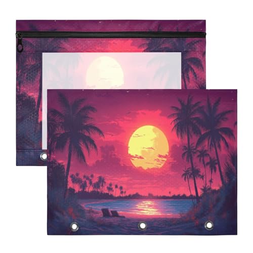 ATTX Pacote com 2 bolsas para fichário de palmeiras do pôr do sol - Bolsa impermeável com zíper com 3 anéis com janela transparente, acessórios de material de escritório para estojos de lápis e
