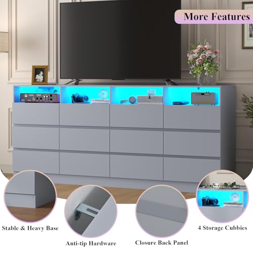 Image of Loomie 12-Cell Divided Drawers Grey Dresser with Charging Station & Led Lights for Bedroom, Long 63 inch Wide Dresser TV Stand for TVs up to 75 inch, Large Dressers Organizer with 4 Open Cubbies