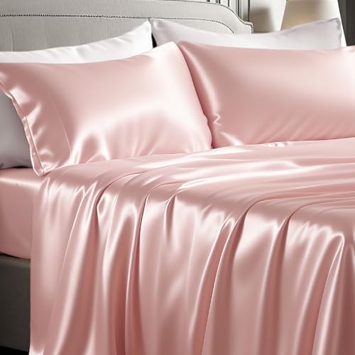 Image of Bedsure Pink Satin Sheets Queen Size, Soft Silky Bedsheets for Hair & Skin