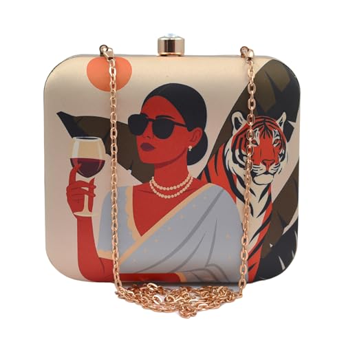 Artklim Off White Saree Lady & Tiger Printed Chic Box Clutch Handbag - Detachable Golden Chain - Sling Bag - Designer Evening Purse
