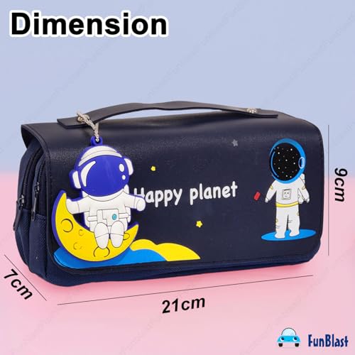Image of FunBlast Multi-Purpose Pouch - Double Compartment Large Capacity Pouch - Happy Planet Zipper Pencil Case for Kids, Pencil Box for Kids, Stationary Pouch for Students School Supplies (Navy Blue)