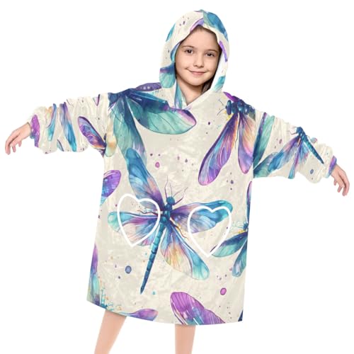 Pardick Wearable Blanket Hoodie for Kids, Cute Dragonflies Fleece Sweatshirt Blanket Oversized Blanket Sweatshirt with Pocket Flannel Warm Hooded Blanket 6-10 Year Old Girl Boy Gift, One Size