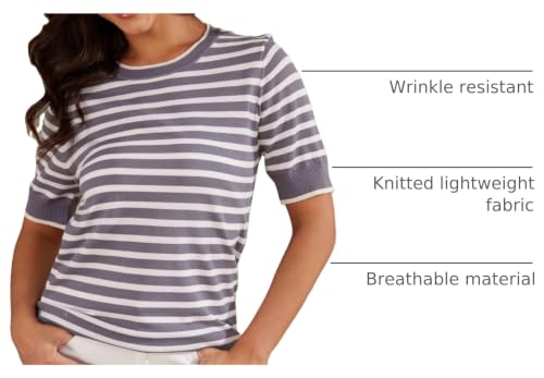 Image of Womens Tops Summer Short Sleeve Shirts Striped Sweater Cute Casual Top Trendy Women Clothing Crewneck Knit Blouses