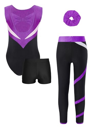 Gymnastics 4-Piece Set for Kid Girls Sleeveless Sparkly Rhinestones Leotard with Leggings Shorts and Hair Band2