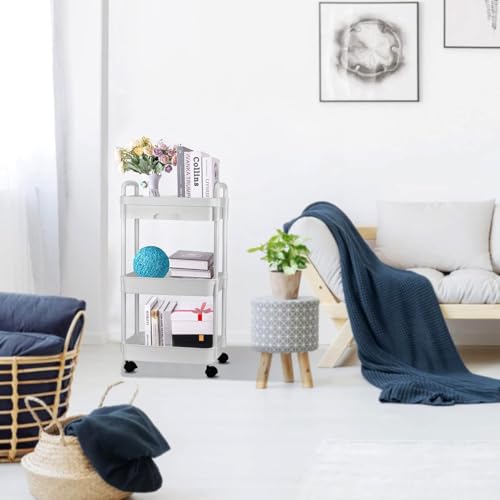 DUOJIN 3 Tier Plastic Rolling Utility Cart with Handle, Multi-Functional Storage Trolley with Mesh Baskets and Lockable Wheels for Bathroom Kitchen Office Classroom (White) - Image 6