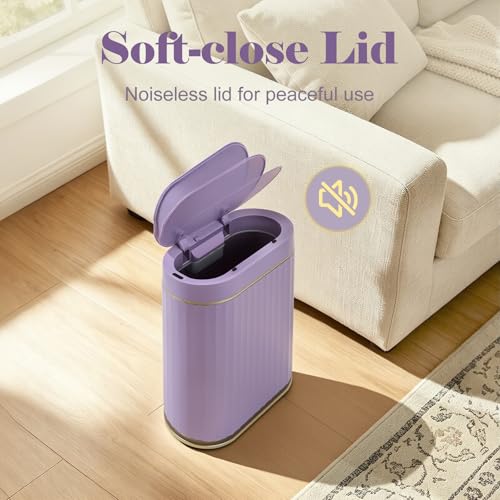 Image of ELPHECO Bathroom Sensor Trash Can - 2 Gallon Automatic Garbage Can, IPX5 Waterproof Bathroom Trash Bin, Slim Garbage Can for Bathroom, Office, Bedroom, Living Room, Purple