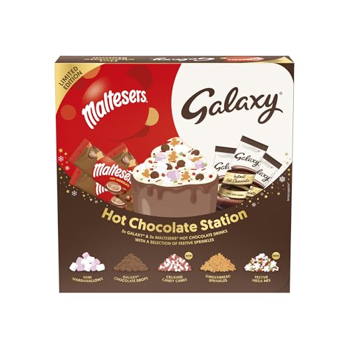 Maltesers & Galaxy Hot Chocolate Station | Xmas Chocolate Gift Set Featuring 6 Sachets & 5 Toppings | Create Your Own Hot Chocolate Experience | Pack of 1