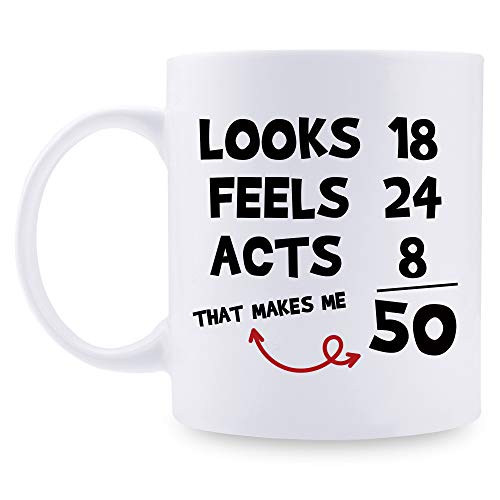 aiyaya Funny 50th Birthday Gifts for Women Men - Looks 18 Feels 24 Acts 8 That Makes Me 50 Mug - 50 Year Old Present Ideas for Mom, Wife, Sisters, Grandma, Her, Friends, Coworkers - 11 oz Coffee Mug