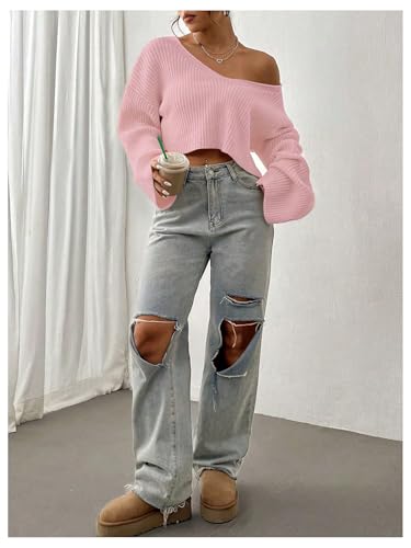 Image of Floerns Women's Long Sleeve Cropped Fall Pullover V Neck Drop Shoulder Rib Knit Sweaters Top