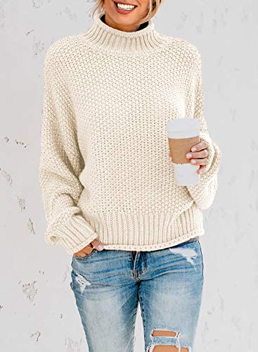 Dokotoo Womens Turtleneck Sweaters Batwing Long Sleeve High Neck Solid Fashion Casual Loose Plain Chunky Knit Pullovers Sweaters Jumper Outerwear Beige Medium
