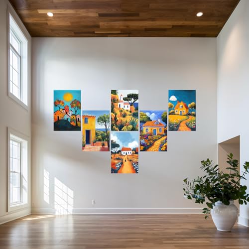 Image of SiddArtify Colorful House Wall Art Prints Set - Whimsical Landscape Poster Decor for Living Room Bedroom Office - 8x12 Sticker Pack of 6