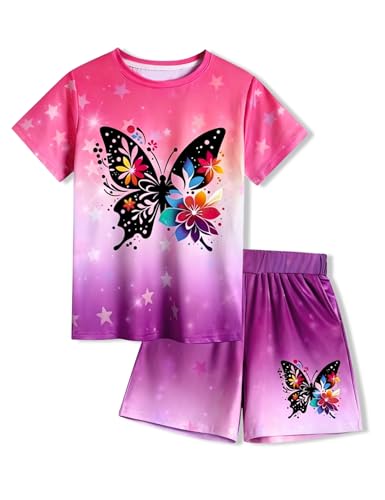 Image of 7-14Y Tween Girl Clothes 2 Piece Short Sleeve Tie Dye Heart Print Top and Shorts Teen Girl Summer Outfits Short Set