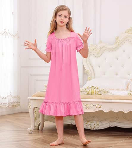 uideazone Girls Nightgowns Puff Short Sleeve Sleepwear Victorian Nightdress Soft Princess Pajamas Dress Size 5-12 Years4