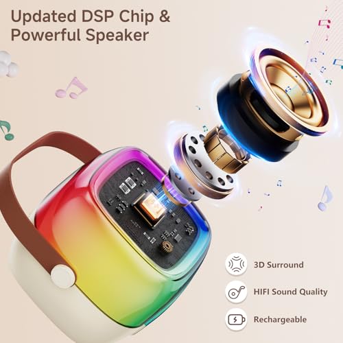 JYX Mini Karaoke Machine for Kids Adults, Portable Bluetooth Speaker with 2 Microphones, Support TF/AUX Input/4 Funny Magic Voice (Rainbow-2 Mic)