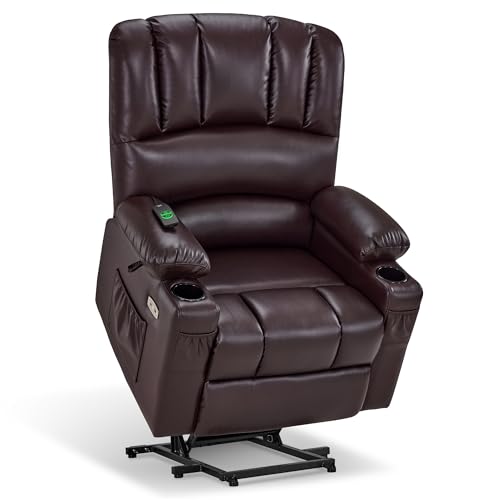 MCombo Large Power Lift Recliner Chair for Elderly, Lift Chair with Heat and Massage, 3 Positions, USB Charge Ports, Cup Holders, Faux Leather 7099 (Large, Dark Brown)