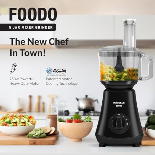 Image of Havells Foodo Heavy Duty 750 Watt Hours 5 Jar Food Processor|Attachement Box For Attachment Storage|Flow Breaker Jars|21000 Rpm|2Yr Product&5Yr Motor Manufacturer Warranty,Black