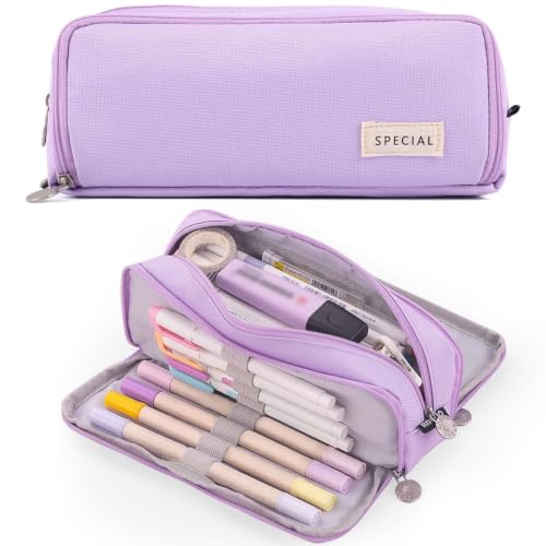 Image of MAMUNU Large Capacity Pencil Case, 3 Compartments Canvas Pencil Pouch with Zipper, Aesthetic Pencil Bag Pen Pouch for School Office Students Teen Girls Boys, Purple