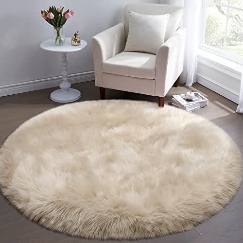 Image of Tangsoo Round Faux Fur Rugs,Sheepskin Round Rugs 3ft,Soft Beige Circle Rug