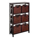 Winsome Wood Leo Wood 4 Tier Shelf with 6 Rattan Baskets in Espresso Finish
