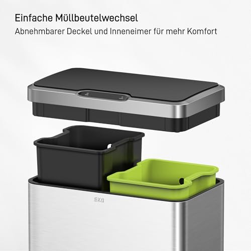 Image of EKO Mirage Rubbish Bin with Sensor, 2 Compartments 2 x 20 L, Automatic Kitchen Rubbish Bin, 2 Plastic Inner Buckets, Soft Closing Lid, Fingerprint-Free, Electric Waste Bin, Matte Stainless Steel