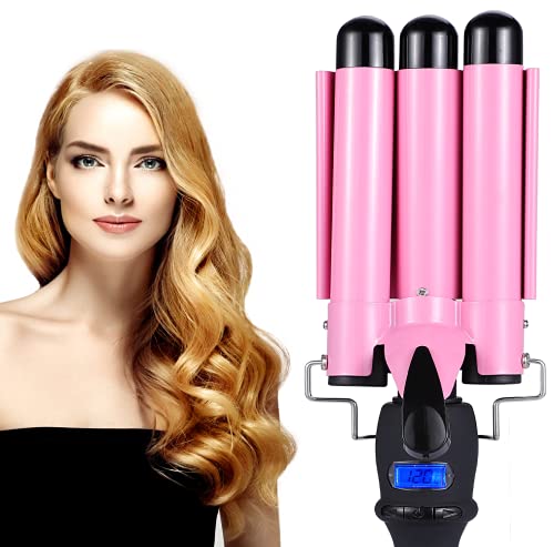 Three Barrel Curling Iron, RUEOO Beach Waver Curling Iron, 1 Inch (25mm) Ceramic Tourmaline Triple Barrel Crimper Hair Iron Temperature Adjustable Portable Hair Waver Heats Up Quickly for Deep Waves
