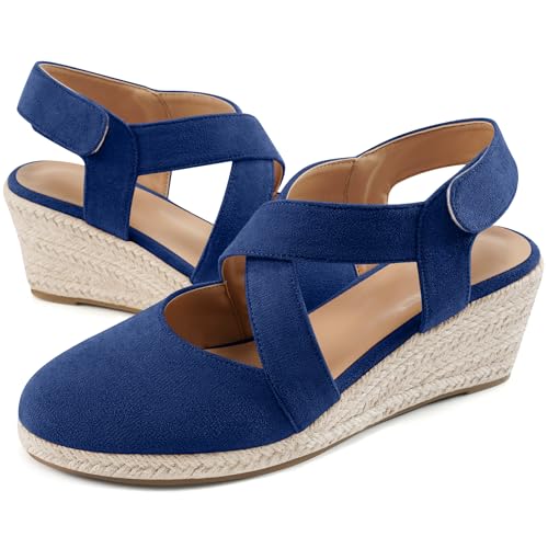 HARENCE Espadrilles Wedge Sandals for Women: Comfortable Closed Toe Ankle Strap Summer Dressy Platform Heels Shoes