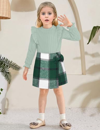 Image of Toddler Girl Clothes, Kids Clothes 2 Piece Ruffle Sleeve Tops Mini Plaid Skirt Skort Fall Winter Outfits Set 3-7T
