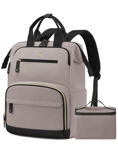 LOVEVOOK Mochila de almoço para mulheres, bolsa para laptop com lancheira térmica térmica, mochila de trabalho para professores de enfermagem para acampamento e piquenique, rosa-acastanhado, 15.6 Inch