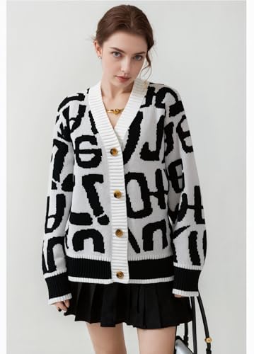 Womens‘Abstract Letter Print Cardigan V-Neck Long Sleeve Button Down Sweater Outwear4