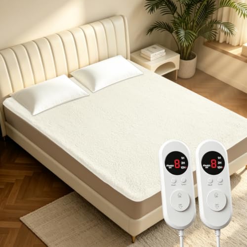 Heated Mattress Pad - Queen Size(60x80) Electric Bed Pad Bed Warmer Dual Zone Control 8 Heat Settings 10 Hour Auto Off Overheat Protection Thick Underblanket Sheet Machine Washable Cream