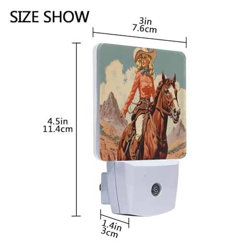 Image of Cowgirl Cowboy Horse View Night Lights 2 Pack Plug-in Wall Led Nightlight Auto Dusk-to-Dawn Sensor Lamps for Bedroom Kitchen Bathroom