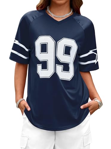 Image of LovelyWholesale Women's Oversized V Neck Jersey Shirts Summer Football Graphic Tee