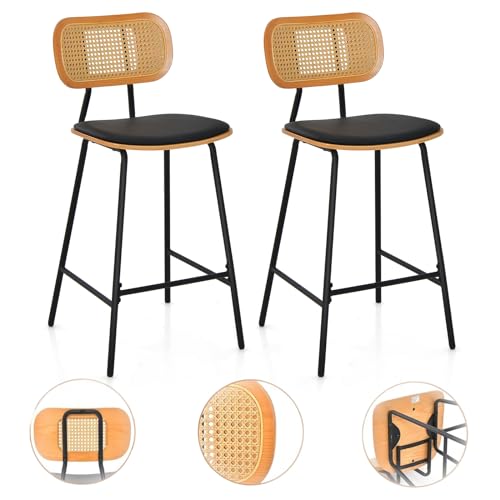 RELAX4LIFE Lot de 2 Tabourets de Bar en Rotin, Chaise Haute Bar Cuisine Bohème avec Cadre Métallique, Chaise Cannage avec Repose-Pieds, Assise 65,5 CM,...