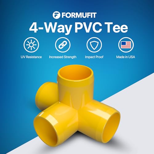 FORMUFIT 1/2” 4-Way Tee Furniture Grade PVC Fitting in Yellow, Made in USA, UV-Resistant, Impact-Proof, 0.840” Actual Socket Diameter (Pack of 10) - F0124WT-YE-10