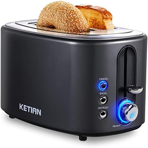 2 Slice Toaster,KETIAN Retro Stainless Steel Toaster,1.5'' Extra Wide Slots, Bagel Cancel Defrost Reheat Functions,6 Toast Browning Settings,Removable Crumb Tray,Black