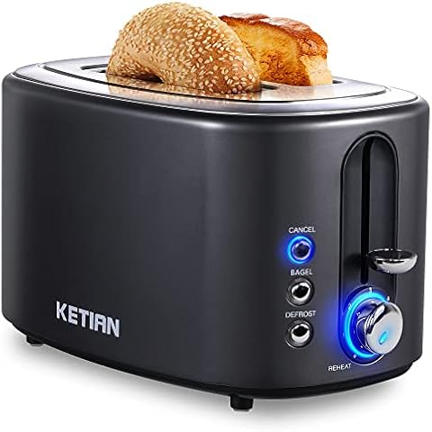 Toaster 2 Slice KETIAN Retro Bagel Toaster 1.5’’ Extra Wide Slot, 6 Toast Settings/ Cancel/ Reheat/ Bagel/Defrost Functions, Removable Crumb Tray, 800W,Grey - Black (Toaster) Cover