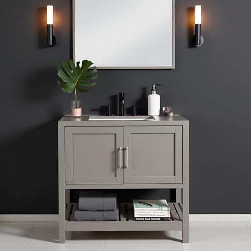 Image of Alaterre Furniture Bennet Bathroom Vanity Cabinet with Soft-Close Shaker Doors and Open Shelf - 36-Inch Freestanding Wood Vanity Without Sink - Single Sink Base (Gray)