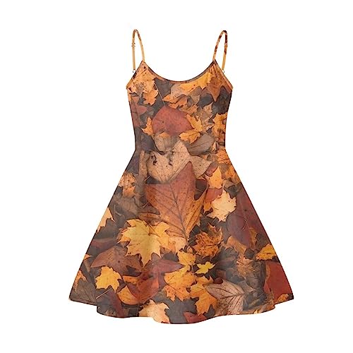 Dremagia Vestido de tirantes delgados para mujer, vestido de verano casual con vuelo, vestido de verano para niñas, ropa de playa, mini vestido, Hojas de Arce Otoño, Large