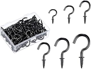 90 Pcs Screw in Hooks, Cup Hooks 6 Sizes Hooks for Hanging Mug Cup Ceiling Hooks for Hanging Tea Cup Key Indoor and Outdoor Use (Black)