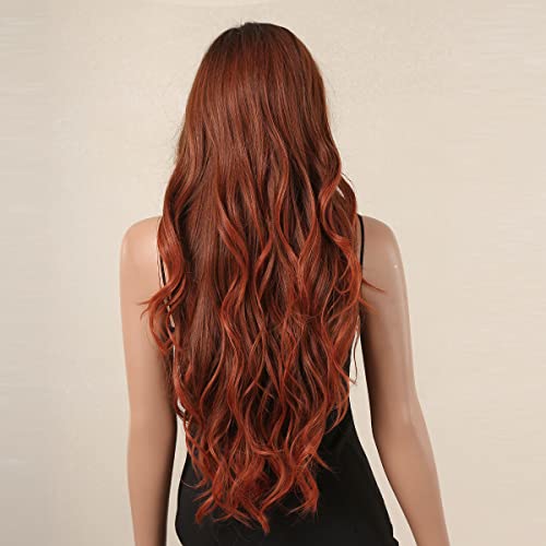 Testar Ombre Reddish Brown Long Curly Synthetic Wigs For Women Glueless Red Cosplay Wig With Bangs Natural Looking For Any Occasion Use #TOP2