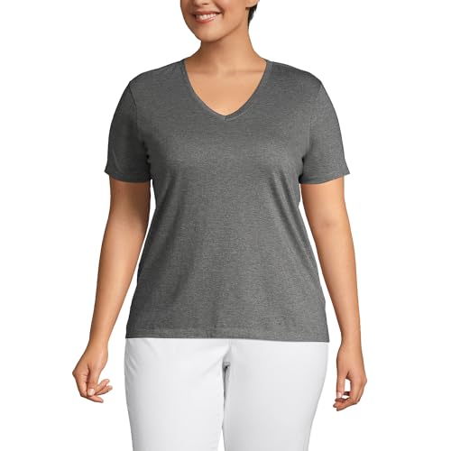 Lands' End Womens SS Relaxed Supima V Neck T Shirt Charcoal Heather Petite X-Large