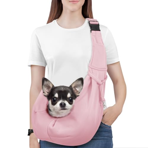 Pawaboo Hundetragetasche, Tragbare Haustier Hundetasche mit Verstellbare Schultergurt,Outdoor Reise Haustier Umhängetasche Transporttasche für Klein Hund Katze (Bis zu 12lbs), Helles Rosa