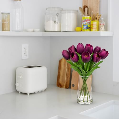 Fake Tulips Artificial Tulip Flowers in Glass Vase with Faux Water, 14.2" Real Touch Purple Tulip Flowers Décor for Table Centerpiece Home Farmhouse Resto Wedding Decoration - Image 6