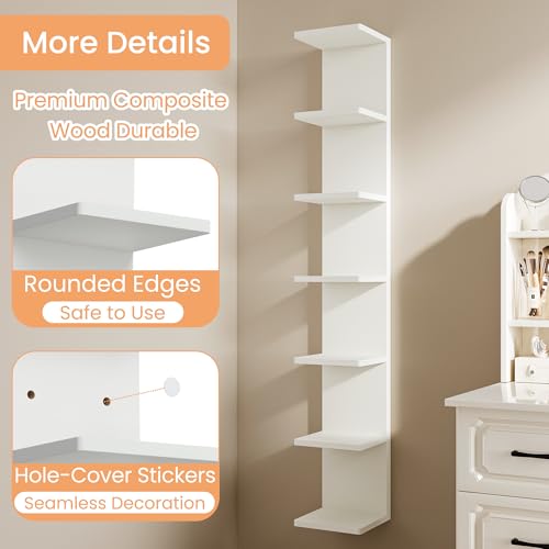 Image of upsimples 7-Tier Floating Wall Shelf, White Vertical Vanity Decor Shelves | Wall Display for Bag, Purfume, Shoes, Books, Storage Shelves for Bedroom, Living Room, Home Decor