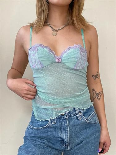Women Dot Print Lace Corset Flower Appliques Sexy See Through Crop Top Y2K Camis Transparent Tanks4