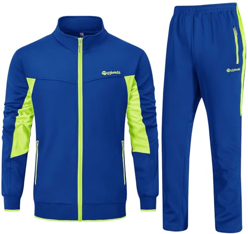 Rdruko Men's Tracksuit Athletic Full Zip Casual Sports Outfit Jogging Gym Sweatsuit(Blue+Green,US M)