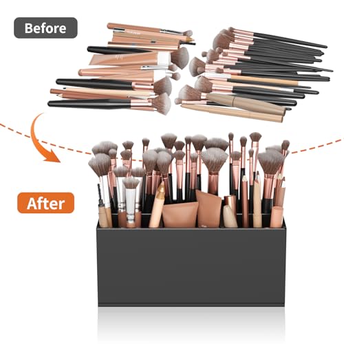 Image of HIIMIEI Black Makeup Brush Holder Organizer Acrylic 6-Slots Cosmetic Brushes Storage Organizer for Vanity Countertop